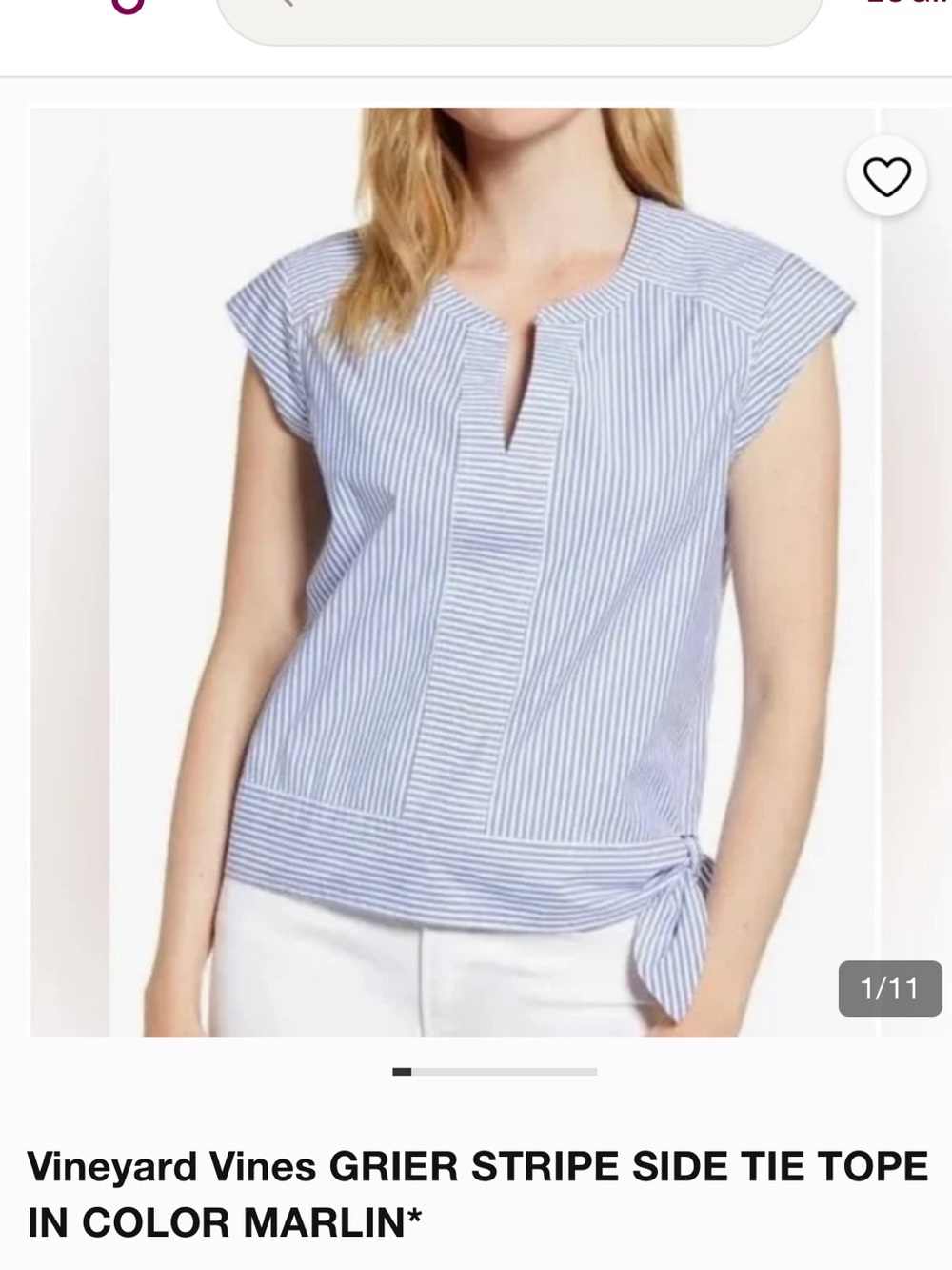 Vineyard Vines MarlinStriped Cap-Sleeve Tie-Hem Top - Blue/White | Size 14 - New